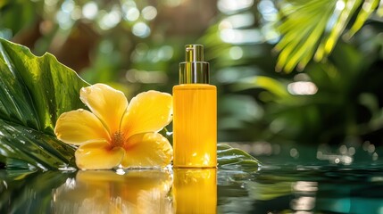 Vibrant yellow skincare in tropical scene cheerful, made for tourism wellness packages and summer skincare brands