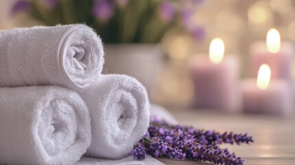 White towels and lavender candles during a nurse's self-massage session, peaceful and refined--for design studios