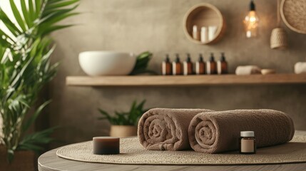 A brown-themed modern spa setup with wood accents, where a woman rolls a facial massager, capturing a formal and peaceful tone, ideal for online skincare retailers