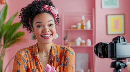 A content creator in a soft pink studio shoots a tutorial with playful self-care props like jade rollers and vitamin gummies, radiating cheerful and vibrant energy