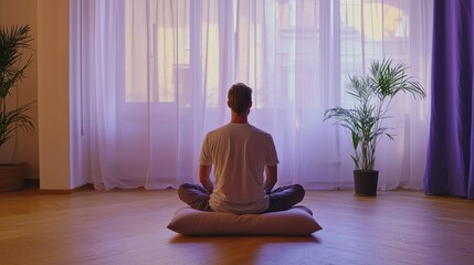 A calm lavender room, with a man seated cross-legged on a cushion, immersed in a mindfulness session, appealing to educators and institutions
