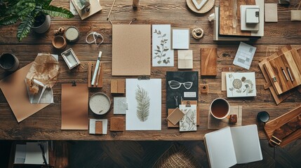 A design studio's creative team brainstorms self-care iconography surrounded by brown-toned materials and mood boards, giving off a grounded and relaxed tone
