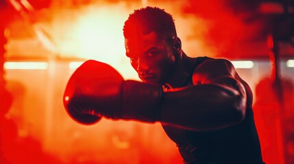 A dynamic gym scene with vibrant red tones, showing a man boxing with focus and energy, great for ad agencies advertising high-intensity wellness