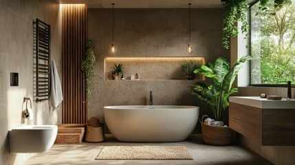 A family bathroom in brown earth tones where a father enjoys a moment alone, trustworthy and calm, for educators