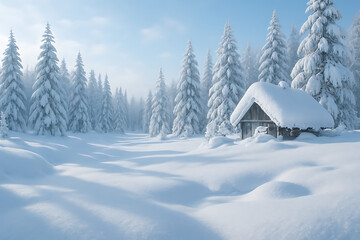 Peaceful Winter Landscape with Snow-Covered Cabin and Pine Trees &ndash; Serene Snowy Forest Scene

