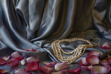 Fototapeta premium Elegant pearl necklaces arranged on soft satin fabric with scattered rose petals, symbolizing love and celebration for anniversaries. copy space