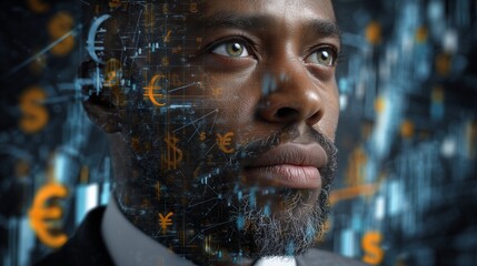 Business man with currency symbols overlay portrait concept stock chart. AI generated.