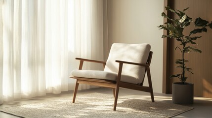 Minimalist Living Room with Wooden Armchair and Sunlight Streaming Through Sheer Curtains