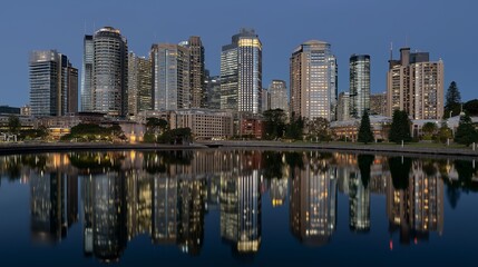 City skyline reflects on water during evening city aesthetic golden hour. AI generated