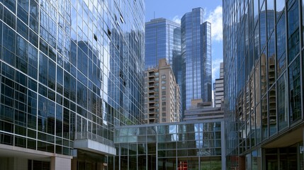 City skyscrapers architecture modernity reflecting buildings facade. AI generated
