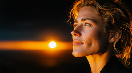 Golden Hour Reverie: A portrait of a serene woman bathed in the warm, golden light of the sunset, lost in thought, embodying introspection and peace.