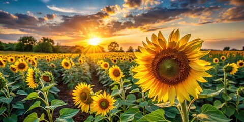 Fototapeta premium Golden Sunflowers Bask in the Warm Glow of a Sunset, a Serene Field of Yellow Blossoms Under a Dramatic Sky