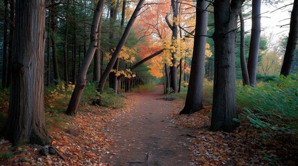 Colorful autumn leaves cover forest trail with arching trees path. AI generated