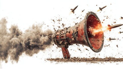 Abstract photo megaphone attack rockets missiles military war rhetoric speech of hate combat conflict isolated on white background. Enemy talk concept idea
