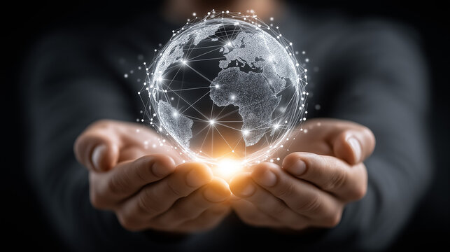 Global Connectivity at Hand: A person's hands cradling a luminous globe, symbolizing the interconnectedness of the digital world and technological advancement.