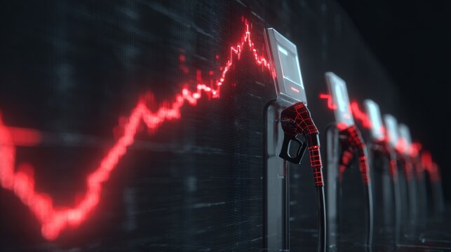  Animation of financial data processing with red line over euro currency and petrol nozzles - Powered by Adobe