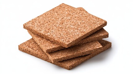 Stack of Brown Cork Tiles on White Background