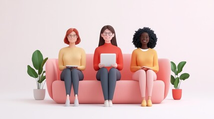 Three Diverse Women Using Laptops and Tablets on Pink Sofa