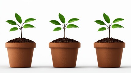 Three Young Green Plants in Brown Pots on White Background