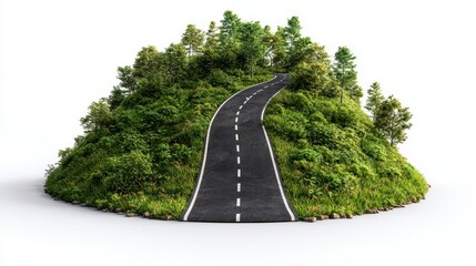 Winding Asphalt Road on Lush Green Hill, Isolated on White Background