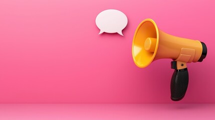 Yellow Megaphone and White Speech Bubble on Pink Background