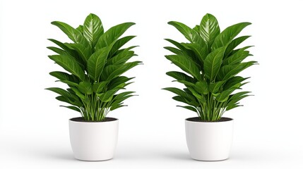 Two Lush Green Dieffenbachia Plants in White Pots on White Background