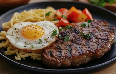 Grilled steak with fried egg pasta and tomato salad on a black plate