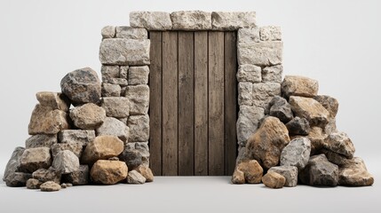 Aged Wooden Door in Stone Wall with Rock Piles
