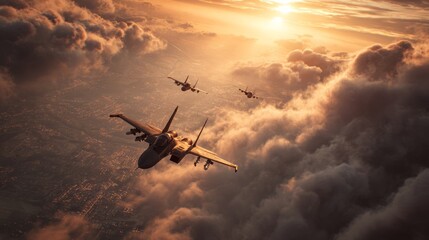 Military fighters flying high in the sky. 3d render