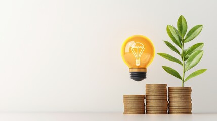 Glowing Yellow Lightbulb Above Stacks of Gold Coins and Green Plant on White Background
