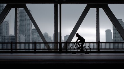 Cyclist silhouette rides on bridge with steel trusses and skyline. Mobility urban living scene. AI generated.