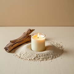 A lit white candle sits on a mound of fine sand, accompanied by a piece of driftwood on a beige surface with a neutral background.