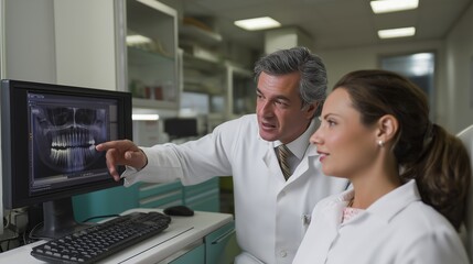 Dentist shows patient digital tooth scan on monitor screen diagnostics. AI generated