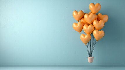 Orange Heart Balloons Floating from a Pot Against a Blue Wall