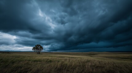 Dark storm clouds gather above plains with lone tree. Tension builds atmosphere. AI generated.