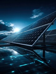 Solar panels reflecting in a dark, futuristic water