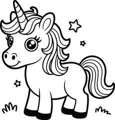 Illustration of a cartoon unicorn with stars and grass in black and white