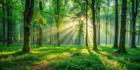 Fototapeta premium Sunbeams Illuminate a Verdant Forest Floor with Misty Atmosphere and Tall Trees