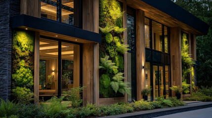 Obraz premium Eco-Friendly Residential Oasis: A modern architectural marvel blends seamlessly with nature, featuring a lush vertical garden that cascades down the facade.