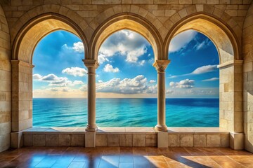 Serene Ocean Vista Framed by Elegant Stone Arches, a Tranquil Coastal Scene