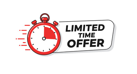 LIMITED TIME OFFER. Promotional banner with a red stopwatch icon indicating a special sale or discount. Concept of urgency and deadline for a marketing campaign.