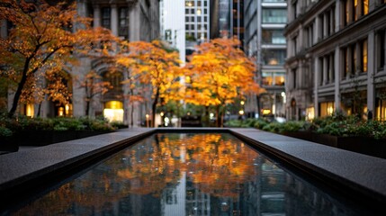 Autumn colors in city park reflection pool, architecture blurred in the distance