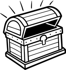 An open treasure chest icon shining with bright light in bold black and white illustrative style for adventure themes