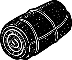Artistic rendering of a rolled up sleeping bag in black and white vector graphic for outdoors and travel