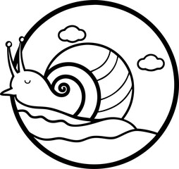 Black and white illustration of a cheerful snail with two clouds in a circular frame perfect for coloring pages