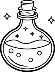 Black and white potion bottle illustration with bubbling liquid and star embellishments for magical or mystical themes. it features a cork stopper and decorative stars.