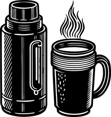 Black and white illustration of a thermos and a steaming mug of coffee for relaxation or outdoor adventure symbolizing warmth and comfort