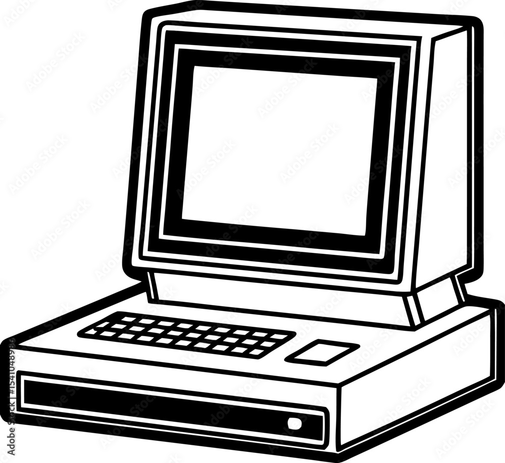 Fototapete retro computer illustration black and white vector graphic with keyboard screen and system unit for 