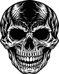 Intricately detailed vector illustration of a human skull in black and white featuring a creepy and gothic design suitable for apparel decoration