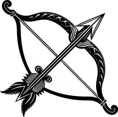 Ornate black and white bow and arrow vector illustration symbolizing archery and sagittarius constellation